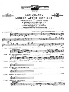 A typical cue sheet. This example is Ernst Luz's compilation for LONDON AFTER MIDNIGHT (1927), as published by Cameo Thematic Music, Inc.